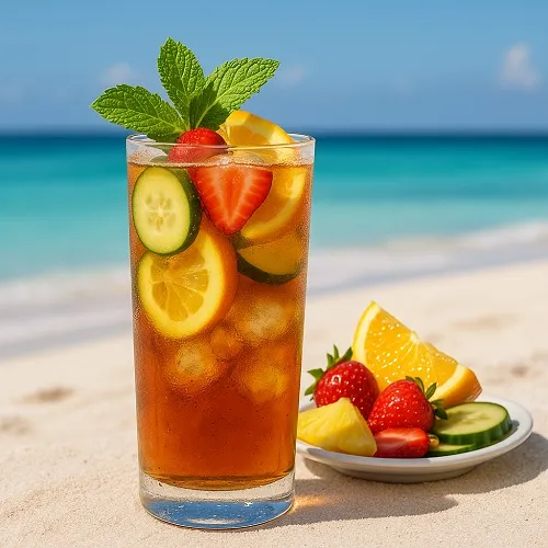 Коктейль «Пиммс Кап(Pimm's Cup)» с огурцом, мятой и дольками цитрусовых в стакане хайболла.